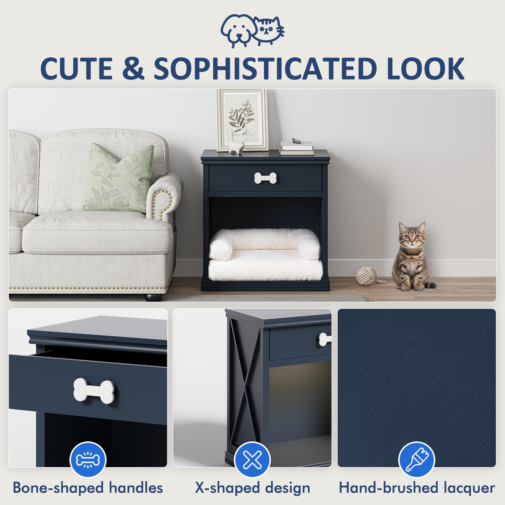Cat Litter Box Enclosure Nightstand With Led Light Navy Blue_voghion.com